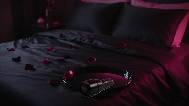 Closed black Fleshlight case on a glossy tray over dark satin sheets with rose petals and pink neon light