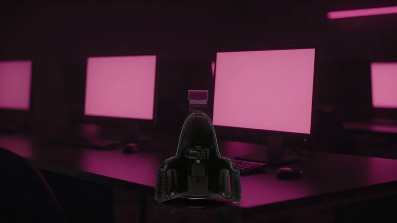 Universal Launch on a dark cyber-noir desk with magenta monitor glow