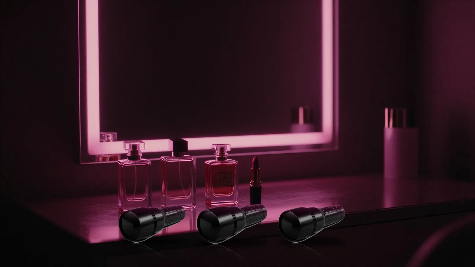 Three closed black Fleshlight cases in a row on a vanity table with perfume bottles and pink neon