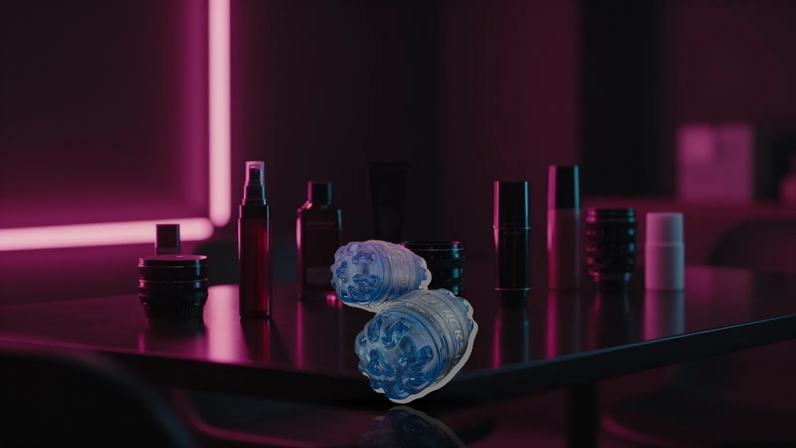 Quickshot Turbo on a long glossy black table in a dark cinematic lineup with magenta neon