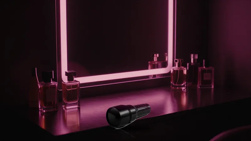 Closed black Fleshlight case on a luxe vanity table with perfume bottles and pink neon
