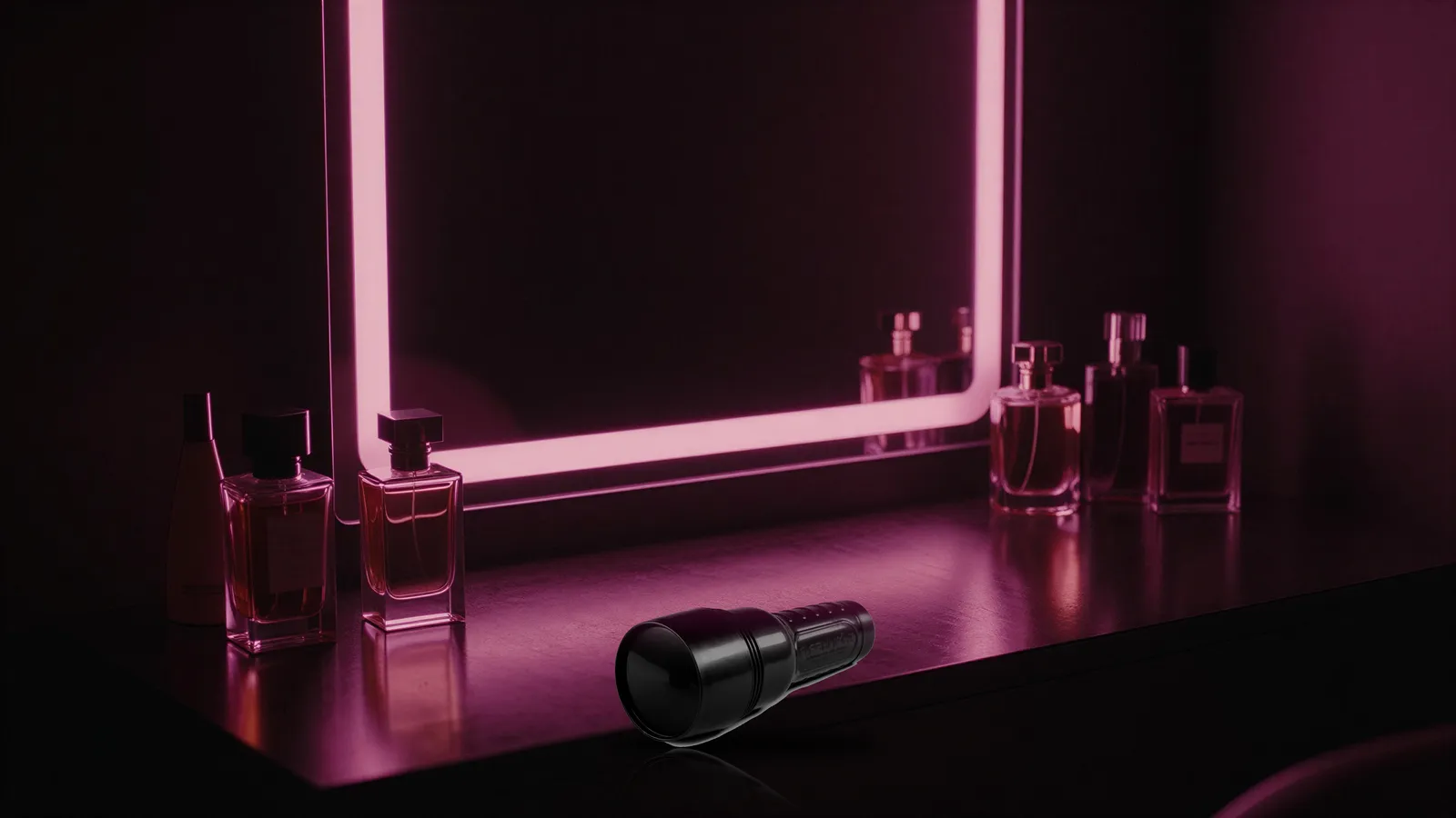 Closed black Fleshlight case on a luxe vanity table with perfume bottles and pink neon