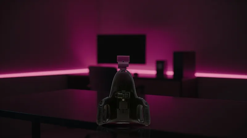 Universal Launch device on a dark cyber-noir desk lit by magenta neon
