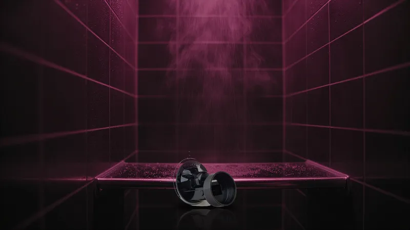 Fleshlight suction-cup shower mount on a wet tiled shelf under pink neon steam light