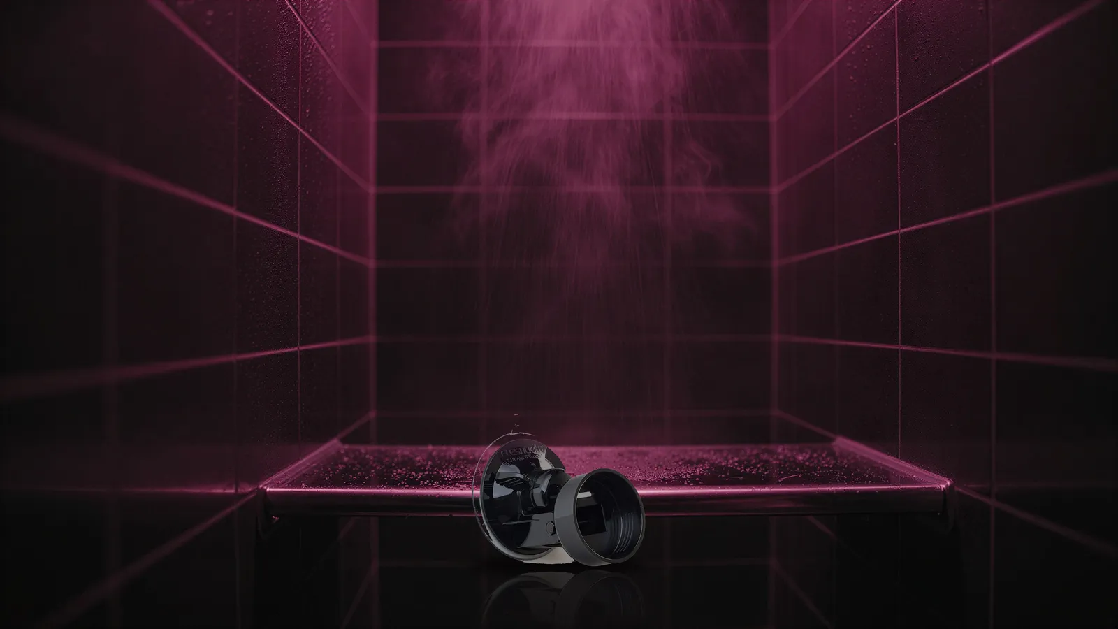 Fleshlight suction-cup shower mount on a wet tiled shelf under pink neon steam light