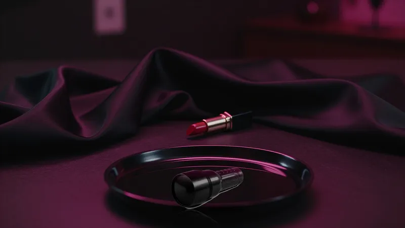 Closed black Fleshlight case on black satin beside an unbranded red lipstick under pink light