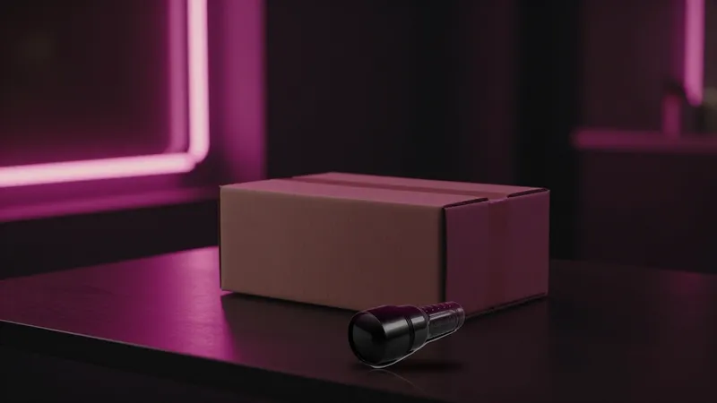 Closed black Fleshlight case beside a plain brown shipping box on a dark table at night
