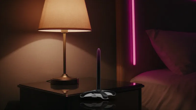 Fleshlight Sleeve Warmer on a nightstand in a cozy bedroom with amber and pink light