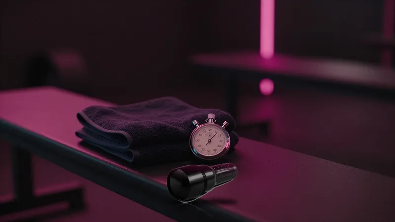 Closed black Fleshlight case on a gym bench beside a blank stopwatch and a folded towel