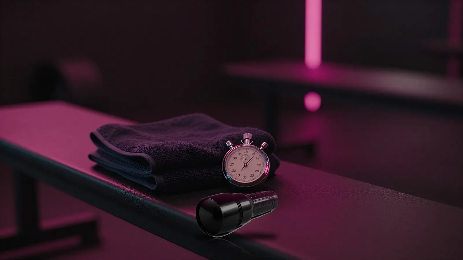 Closed black Fleshlight case on a gym bench beside a blank stopwatch and a folded towel