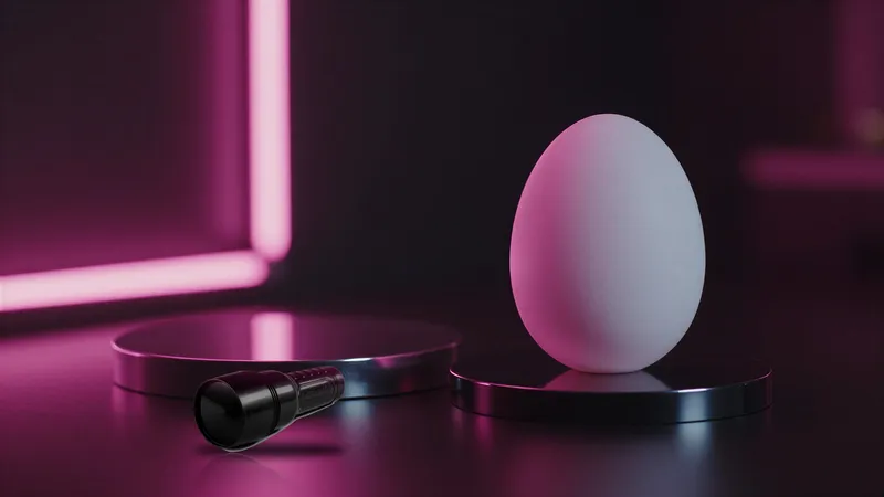 Closed black Fleshlight case on a pink-lit pedestal facing a generic white egg-shaped stroker under cool light