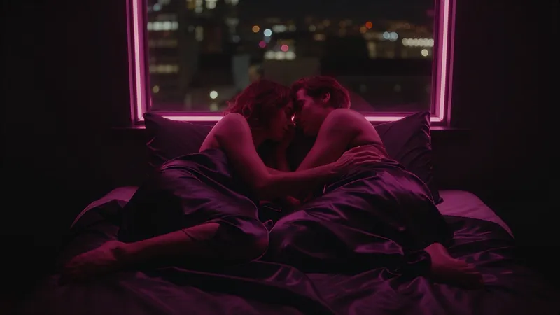 Adult couple embracing in bed under dark satin sheets with pink neon rim light