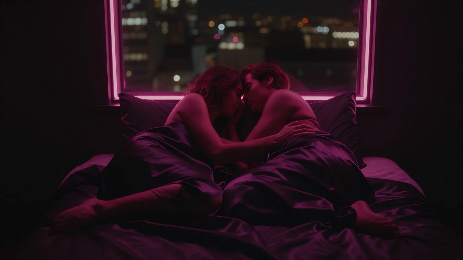 Adult couple embracing in bed under dark satin sheets with pink neon rim light