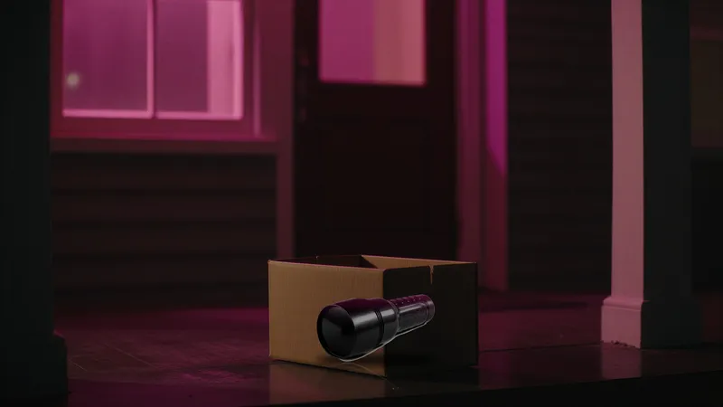 Closed black Fleshlight case peeking from a plain box on a doorstep at night